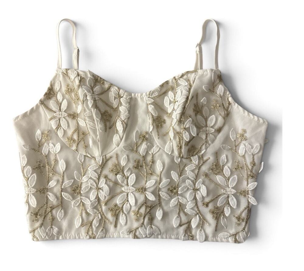 Bustier Camisole Top Off White Gold Metallic Floral Embroidery Sexy Romantic SM